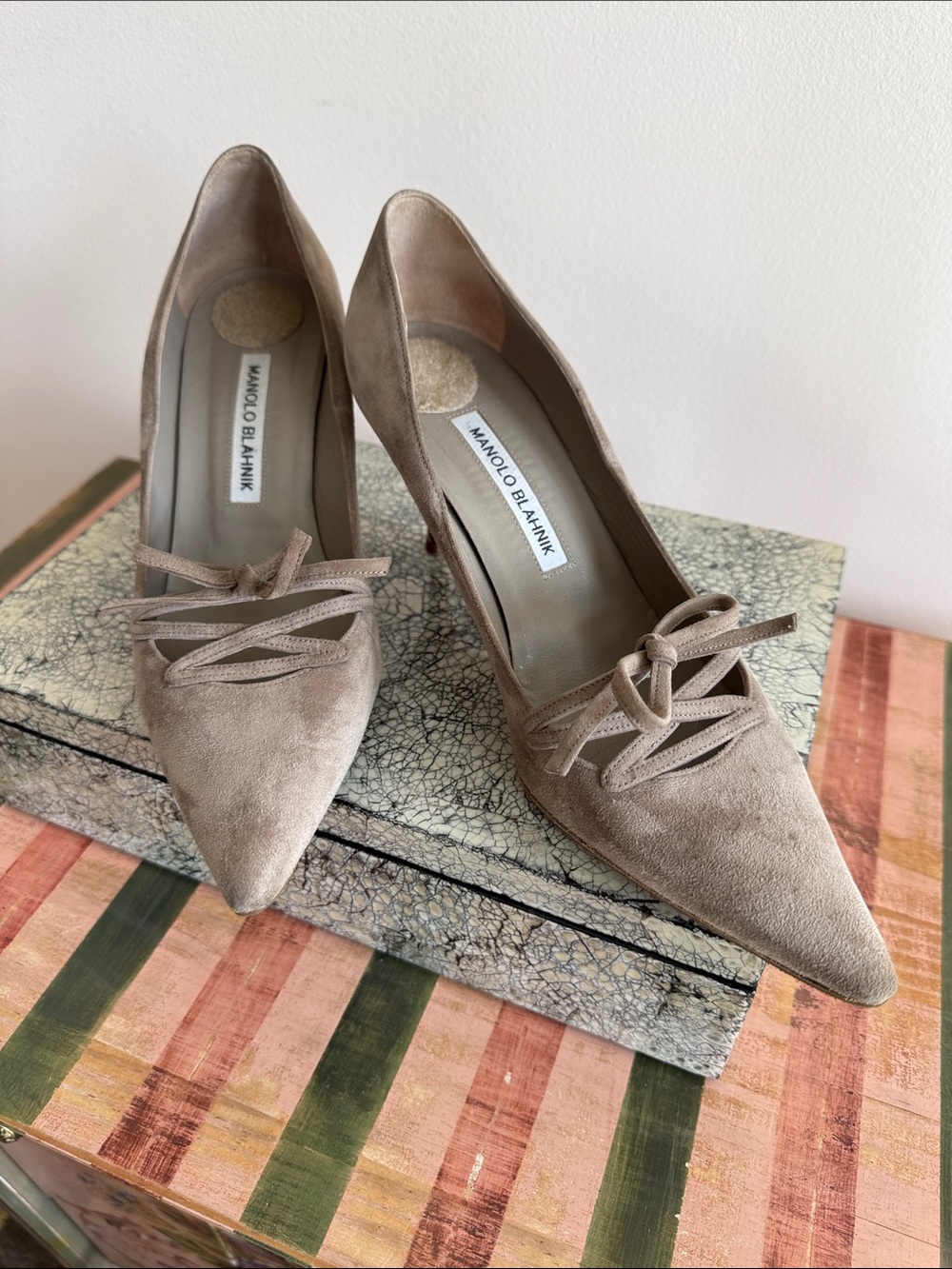 Manolo Blahnik Greige Suede Heels